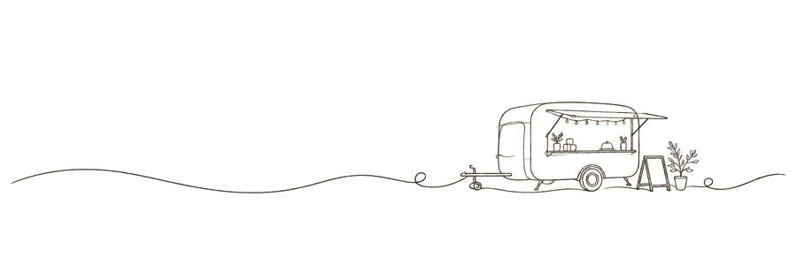Minimalistische lijntekening van een foodtruck-aanhanger